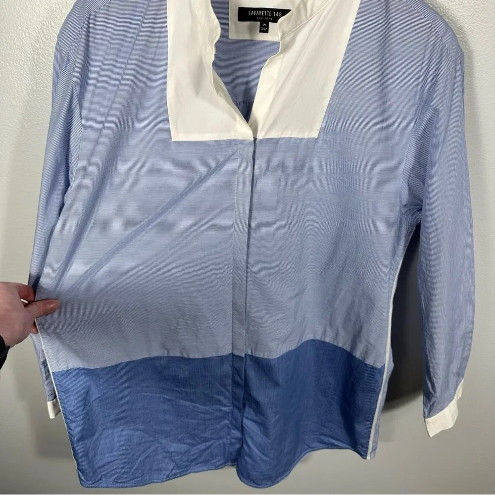 Lafayette 148 Blue White Pinstripe Chambray Colorblock Tunic Blouse Size Medium - Picture 4 of 15